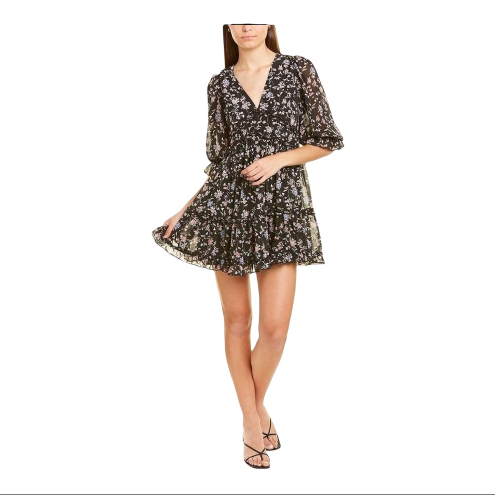 Destinaire Elbow Sleeve Black Floral Mini Dress Size Large